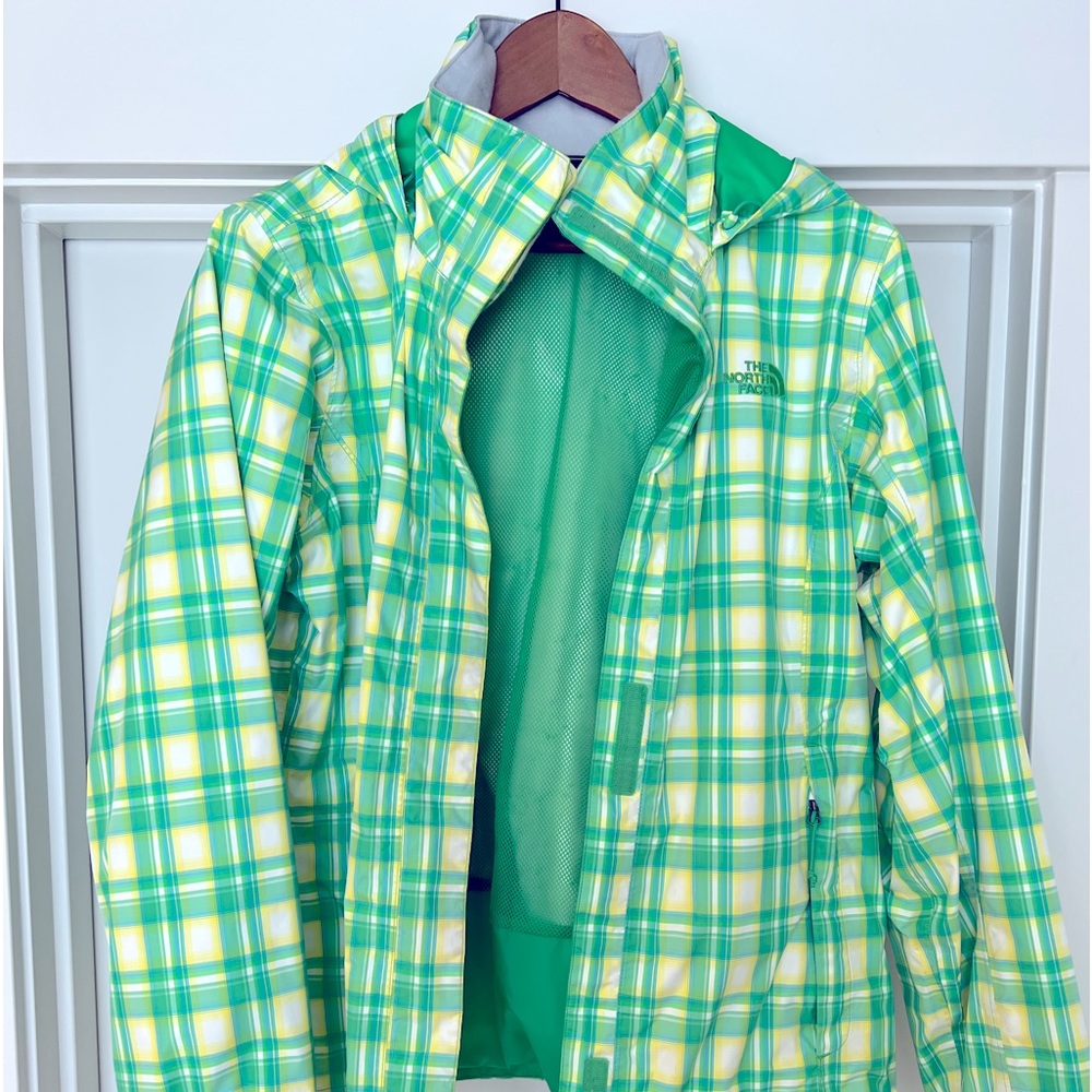 The North Face Womens Large Yellow Green Plaid Hooded Rain Jacket